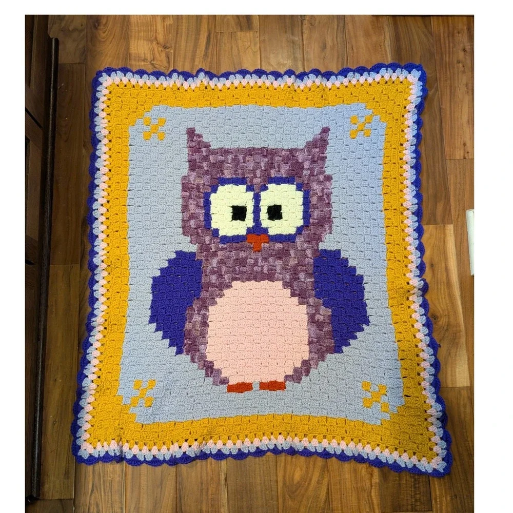 Handmade Crochet Owl‎ Baby Blanket Purple Blue Yellow C2C Nursery Throw 36x41